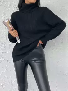 EURMUSE Turtleneck Ribbed Knit Drop Shoulder Jumper - Black - View 7