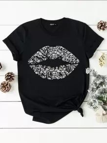 SHEIN LUNE Plus Lip & Skull Print Tee - Black - View 1