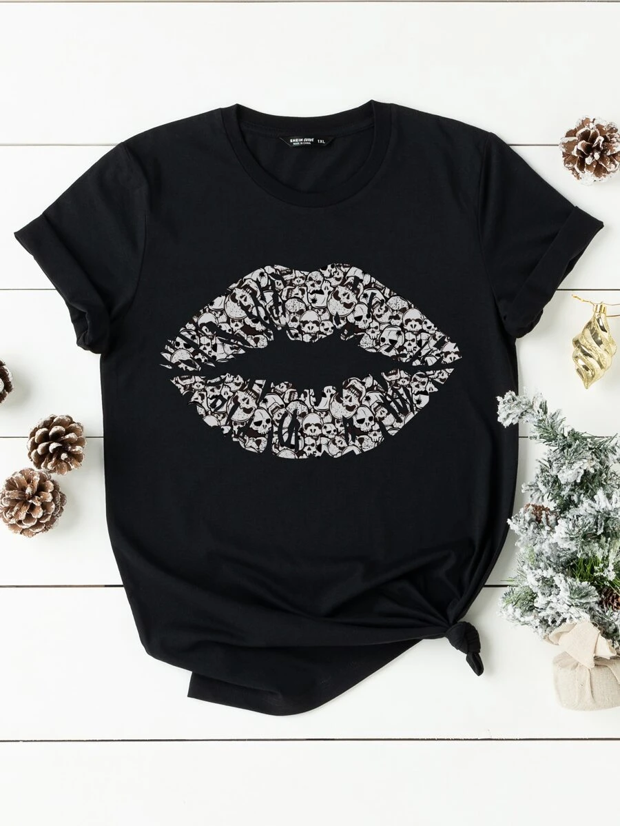 SHEIN LUNE Plus Lip & Skull Print Tee - Black - View 1
