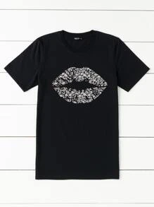 SHEIN LUNE Plus Lip & Skull Print Tee - Black - View 4