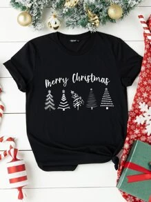 SHEIN LUNE Plus Christmas Print Tee - Black - View 1