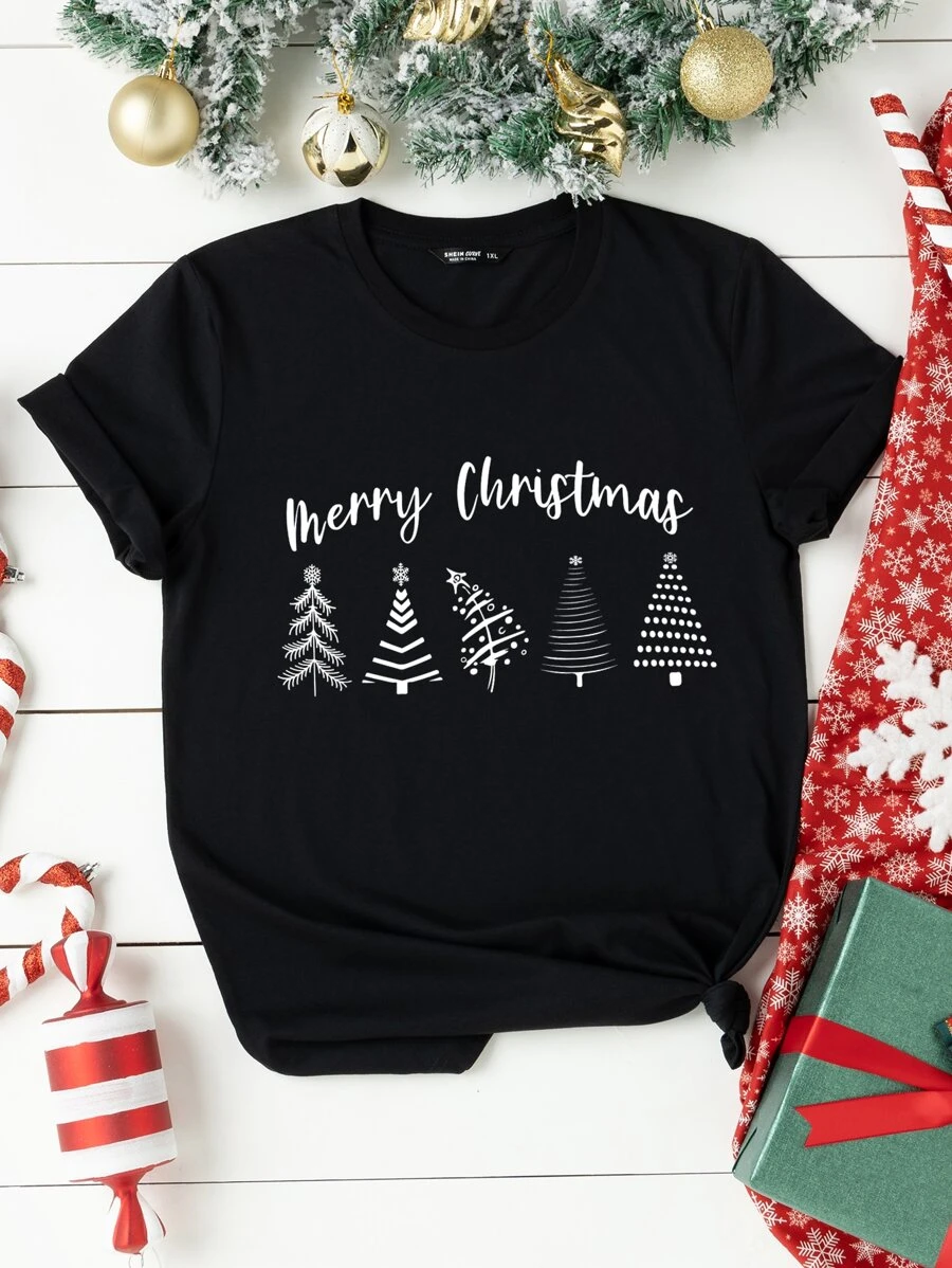 SHEIN LUNE Plus Christmas Print Tee - Black - View 1