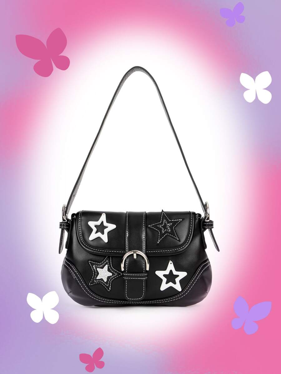 SHEIN ICON Túi vai Khóa Đồ họa Đúng mốt - màu đen - Xem 1