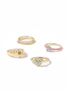 SHEIN MOD 4 Nhẫn Trang Trí Hoa Trái Tim - Vàng - Xem 2