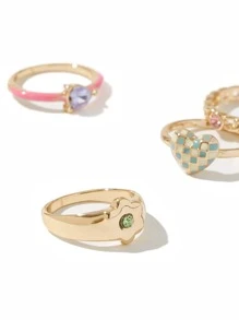 SHEIN MOD 4 Nhẫn Trang Trí Hoa Trái Tim - Vàng - Xem 3