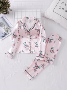 Girls Floral Print Contrast Binding Lapel Collar PJ Set - Baby Pink - View 1