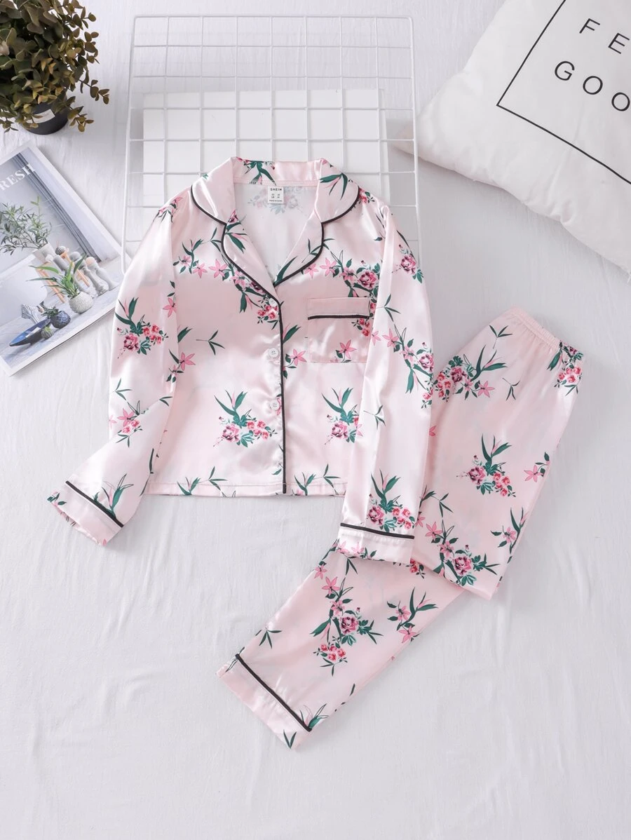Girls Floral Print Contrast Binding Lapel Collar PJ Set - Baby Pink - View 1