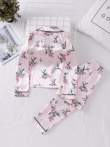 Girls Floral Print Contrast Binding Lapel Collar PJ Set - Baby Pink - View 2