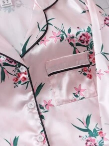 Girls Floral Print Contrast Binding Lapel Collar PJ Set - Baby Pink - View 3