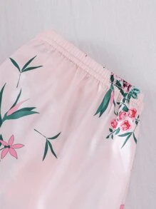 Girls Floral Print Contrast Binding Lapel Collar PJ Set - Baby Pink - View 4