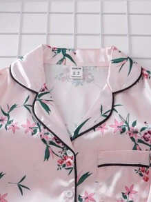 Girls Floral Print Contrast Binding Lapel Collar PJ Set - Baby Pink - View 5