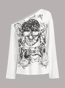 ROMWE Goth Skull Print Asymmetric Neck Tee - White - View 1