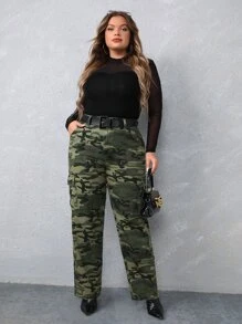 Plus High Waist Camo Print Cargo Jeans - Multicolor - View 4