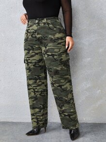 Plus High Waist Camo Print Cargo Jeans - Multicolor - View 6
