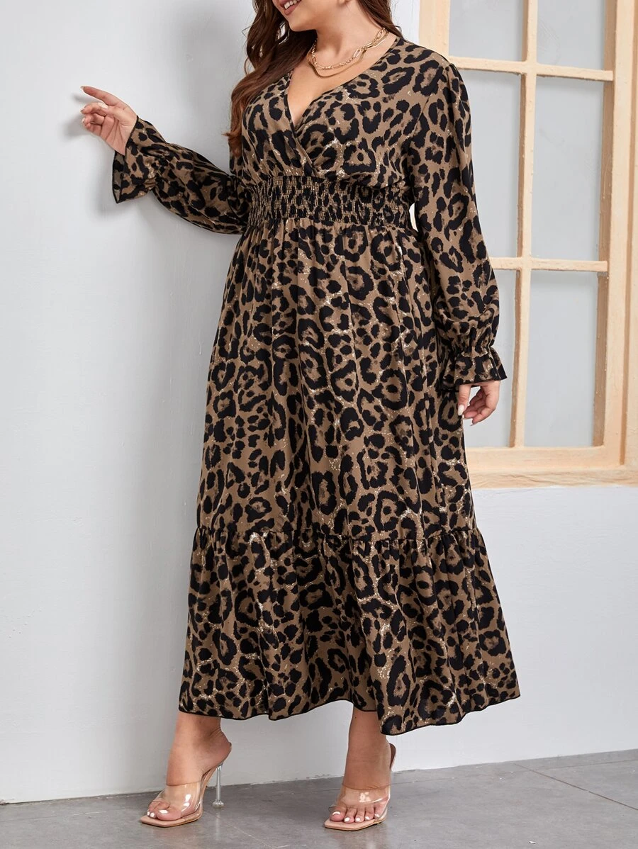 SHEIN Clasi Đầm Plus Size Viên lá sen Dải chun In hoa Báo Giải trí - màu nâu - Xem 1