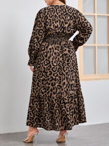 SHEIN Clasi Đầm Plus Size Viên lá sen Dải chun In hoa Báo Giải trí - màu nâu - Xem 2