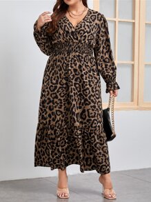SHEIN Clasi Đầm Plus Size Viên lá sen Dải chun In hoa Báo Giải trí - màu nâu - Xem 3