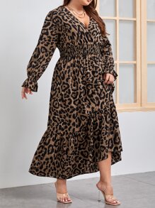 SHEIN Clasi Đầm Plus Size Viên lá sen Dải chun In hoa Báo Giải trí - màu nâu - Xem 5