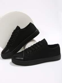 Lace-up Front Canvas Shoes,All Black Minimalist Lace-up Fashion Sneakers - Black - View 2