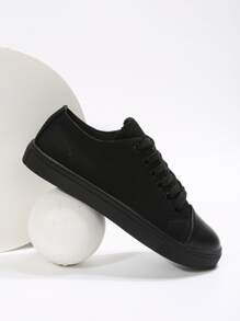 Lace-up Front Canvas Shoes,All Black Minimalist Lace-up Fashion Sneakers - Black - View 4