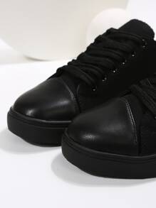 Lace-up Front Canvas Shoes,All Black Minimalist Lace-up Fashion Sneakers - Black - View 5