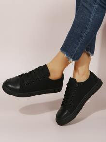 Lace-up Front Canvas Shoes,All Black Minimalist Lace-up Fashion Sneakers - Black - View 7