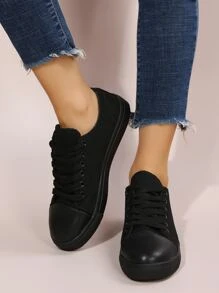 Lace-up Front Canvas Shoes,All Black Minimalist Lace-up Fashion Sneakers - Black - View 8
