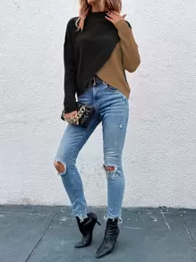 Calvaya Two Tone Overlap Hem Sweater