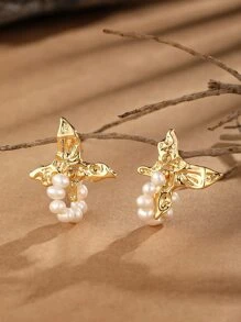 Aretes de mariposa con decoración de perlas falsas - Amarillo Oro - Ver 1