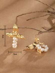 Aretes de mariposa con decoración de perlas falsas - Amarillo Oro - Ver 4