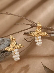 Aretes de mariposa con decoración de perlas falsas - Amarillo Oro - Ver 3