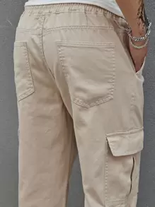 Claim Dot 男士棉質拉鍊口袋抽繩腰帶貨褲直筒洗水深色牛仔褲運動休閒單色卡其色外出街頭穿著男友禮物