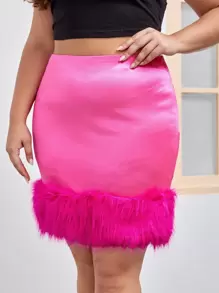 大碼毛茸邊包臀半身裙 - 玫紅色 - 查看 1