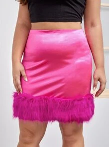 大碼毛茸邊包臀半身裙 - 玫紅色 - 查看 3