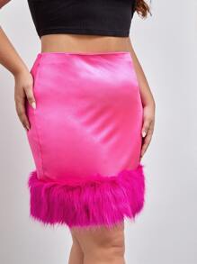 大碼毛茸邊包臀半身裙 - 玫紅色 - 查看 4