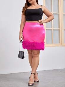 大碼毛茸邊包臀半身裙 - 玫紅色 - 查看 5