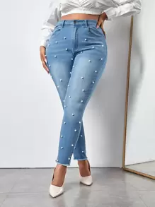 SHEIN SXY Plus High Waist Pearls Beaded Raw Cut Skinny Jeans - Light Wash - View 1