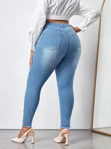 SHEIN SXY Plus High Waist Pearls Beaded Raw Cut Skinny Jeans - Light Wash - View 2