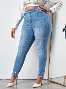 SHEIN SXY Plus High Waist Pearls Beaded Raw Cut Skinny Jeans - Light Wash - View 4