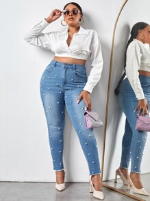 SHEIN SXY Plus High Waist Pearls Beaded Raw Cut Skinny Jeans - Light Wash - View 5