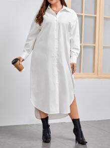 SHEIN LUNE 大碼落肩袖弧形下擺襯衫連衣裙