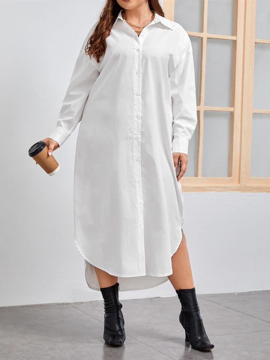 SHEIN LUNE 大碼落肩袖弧形下擺襯衫連衣裙