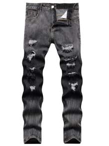 Men Ripped Skinny Jeans - Dark Grey - View 1