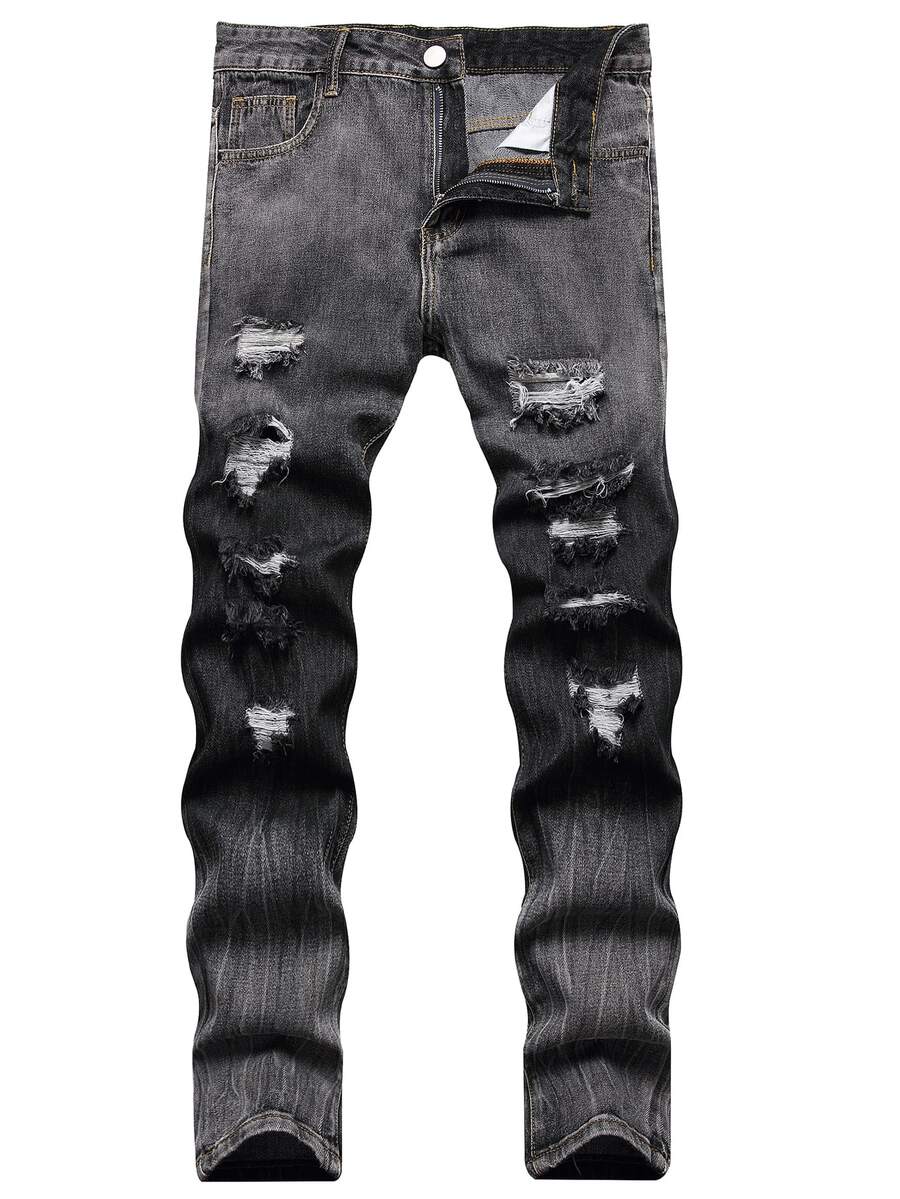 Men Ripped Skinny Jeans - Dark Grey - View 1