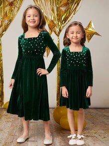 SHEIN Girls Pearls Beaded Square Neck Velvet Dress - Dark Green - View 4