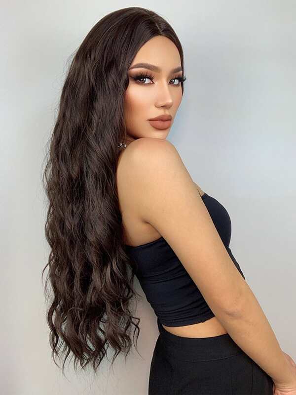 HAIRCUBE 28 Inch Brown Wavy Wigs For Women Romantic Elegant Brown Midsplit Long Curly Synthetic