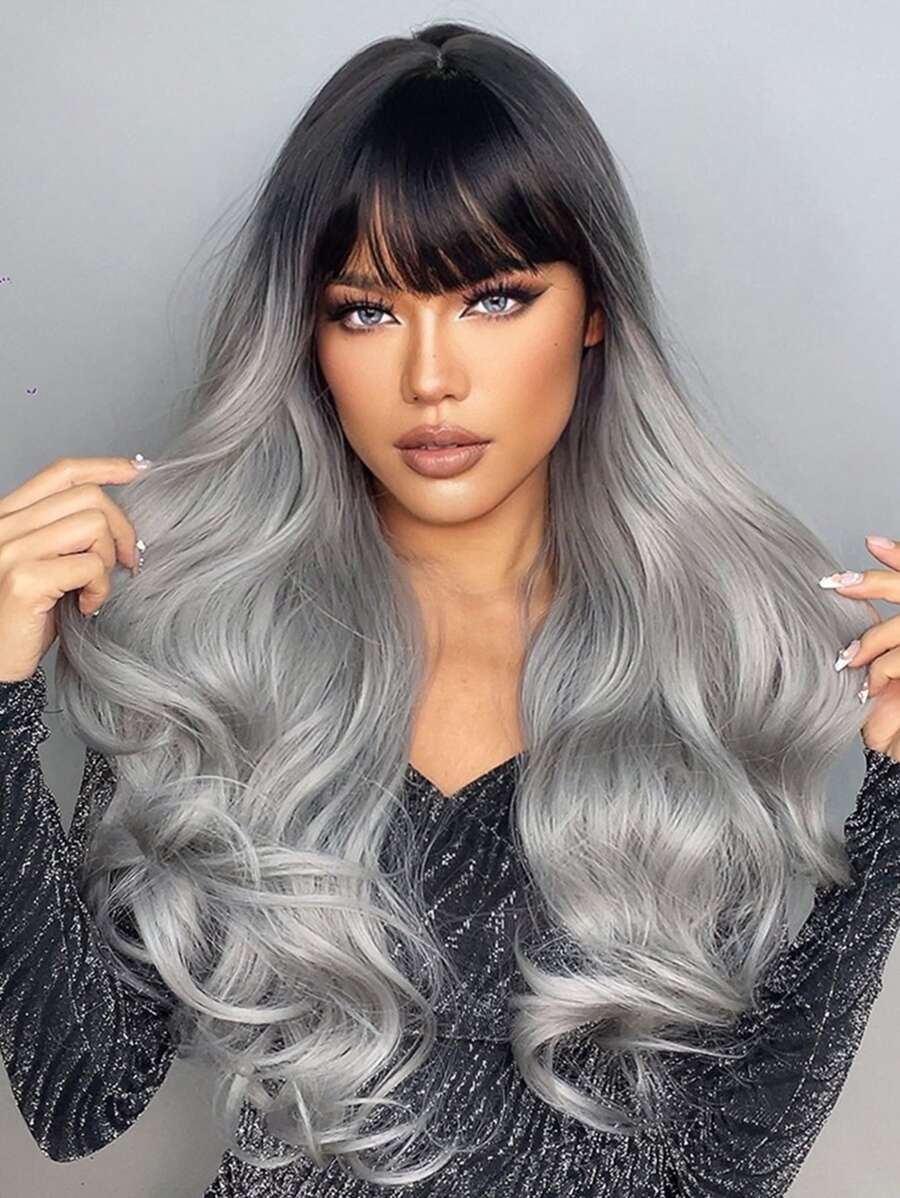HAIRCUBE 28 Inch Long Curly Wigs With Bangs Ombre Gray Wavy Wigs Dark Root For Women Synthetic Wigs For Girls Daily Party Use Cosplay - Multicolor - View 1