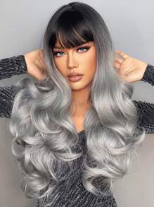 HAIRCUBE 28 Inch Long Curly Wigs With Bangs Ombre Gray Wavy Wigs Dark Root For Women Synthetic Wigs For Girls Daily Party Use Cosplay - Multicolor - View 3