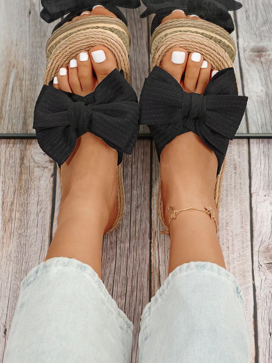 Vacation Black Sandals For Women, Bow Decor Polyester Open Toe Slide Sandals - Black - View 1
