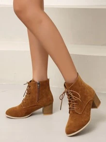 女時尚棕色繫帶前拉鍊粗跟靴 - 棕色 - 查看 1